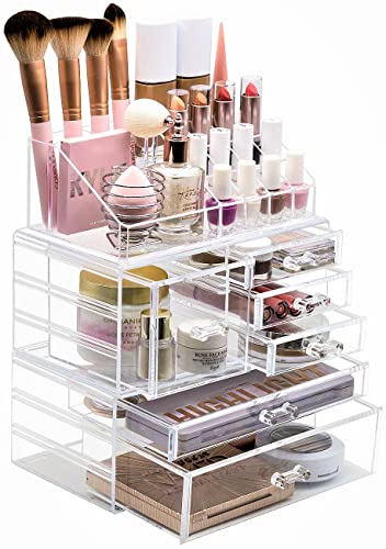 Sorbus Large Clear Makeup Organizer - Detachable 3-Piece Jewelry & Make Up Organizers and Storage Set - Spacious Cosmetic Display Tower - Makeup Organizer for Vanity, Bathroom, Dresser & Countertop - style: Modular Case