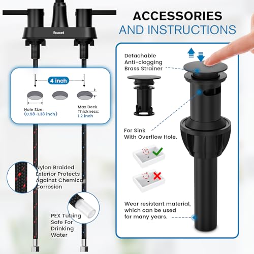 Black Bathroom Faucet 3 Hole, Bathroom Faucets for Sink 3 Hole, Bathroom Sink Faucet, 4 Inch 2 Handle Centerset, Lead-Free, with Copper Pop Up Drain (Matte Black) - color: Matte Black Style A