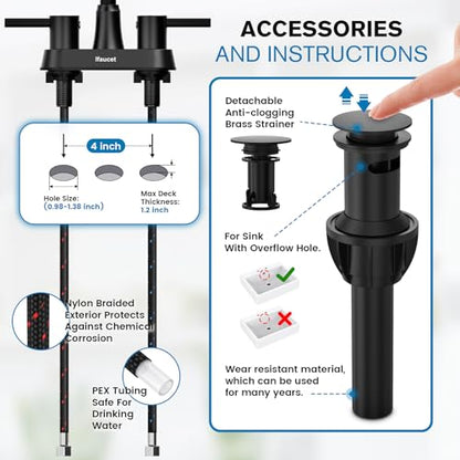 Black Bathroom Faucet 3 Hole, Bathroom Faucets for Sink 3 Hole, Bathroom Sink Faucet, 4 Inch 2 Handle Centerset, Lead-Free, with Copper Pop Up Drain (Matte Black) - color: Matte Black Style A