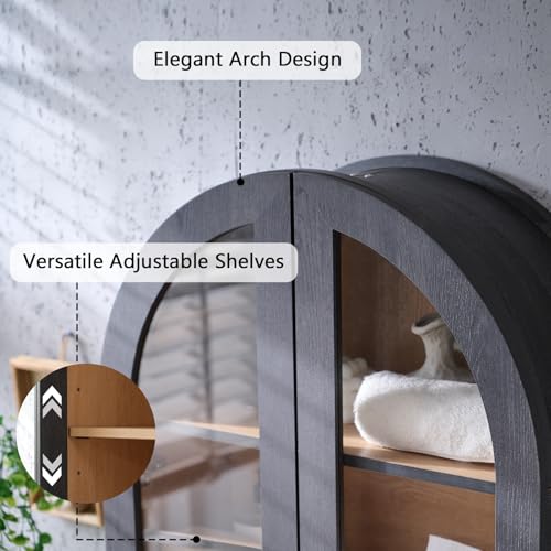 Bathroom Arched Wall Cabinet, 23.5'' Wide Medicine Cabinet, Wall Mount with Glass Doors & Adjustable Shelves, Over the Toilet Storage Cabinet for Laundry Room, Bedroom, Kitchen, Grey Black - color: Grey Black