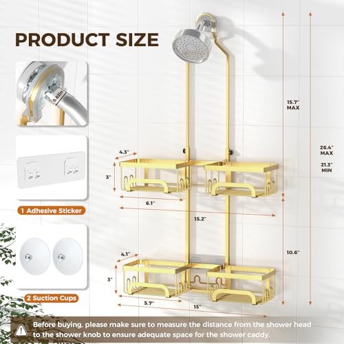 REINHARDT Split Shower Caddy Hanging for Handheld Showerheads, Gold | Adjustable Shower Organizer, Rustproof, 16 Hooks, Soap Holder, 40lbs Capacity, Anti-Slip, Tool-Free, Bathroom Accessories - color: Gold