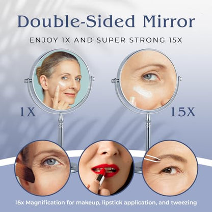 15X Magnifying Makeup Mirror with Stand - Double-Sided 15X/1X Design - Suitable for Vanity Desk, Dressing Table, or Bathroom Countertop for Precise Make Up - 12" High x 6" Wide (Chrome)