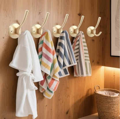 TOFIIGREM Gold Wall Hooks, 5 Pack Coat Robe Hook Heavy Duty Metal Double Bath Hook Wall Mounted, Hand Towel Hooks for Cubicle Bathroom Kitchen Closet Garage - color: Gold, size: 5 Pack