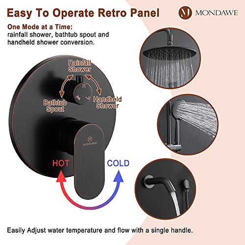 MONDAWE 9 Inch Wall Mounted Shower Faucet Set with Tub Spout in Oil Rubbed Bronze, Rainfall Shower Head with 3-Setting Handheld Spray Shower Combo, High Pressure Shower System with Solid Brass Valve - color: Oil Rubbed Bronze, style: 9 IN - With Tub Spout