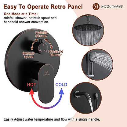 MONDAWE 9 Inch Wall Mounted Shower Faucet Set with Tub Spout in Oil Rubbed Bronze, Rainfall Shower Head with 3-Setting Handheld Spray Shower Combo, High Pressure Shower System with Solid Brass Valve - color: Oil Rubbed Bronze, style: 9 IN - With Tub Spout