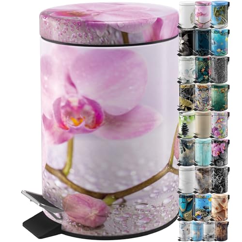 Sanilo Small Bathroom Trash Can with Lid [1.3 Gallon] - Lidded Tiny Trashcan for Garbage - Mini Metal Bin with Soft Closing Mechanism - Bath Room Accessoire Wastebin with Inner Bucket (Blooming) - color: Blooming