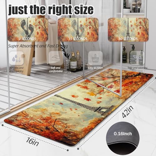 Bathroom Runner Mat Rugs Long,Eiffel Tower Maple Leaf Autumn pattern Diatomite Stone Bath Mat Large Absorbent Diatomaceous Earth Mat Non Slip Fast Dry Shower Mat Bathroom Rugs Floor Mat 16x42in - color: Design08