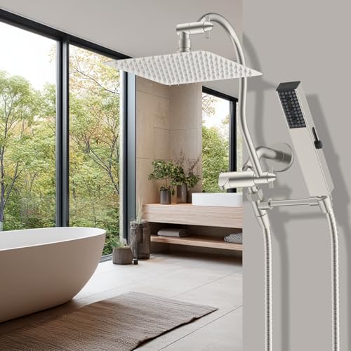Hibbent All Metal cUPC Certified Shower Head, 10'' High Pressure Rainfall Showerhead Combo, Handheld Shower Wand, 12'' Adjustable Extension Arm, 4-Spray, 71'' Hose, Shower Holder, Brushed Nickel - color: Brushed Nickel, style: Square 10''