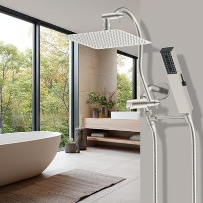 Hibbent All Metal cUPC Certified Shower Head, 10'' High Pressure Rainfall Showerhead Combo, Handheld Shower Wand, 12'' Adjustable Extension Arm, 4-Spray, 71'' Hose, Shower Holder, Brushed Nickel - color: Brushed Nickel, style: Square 10''