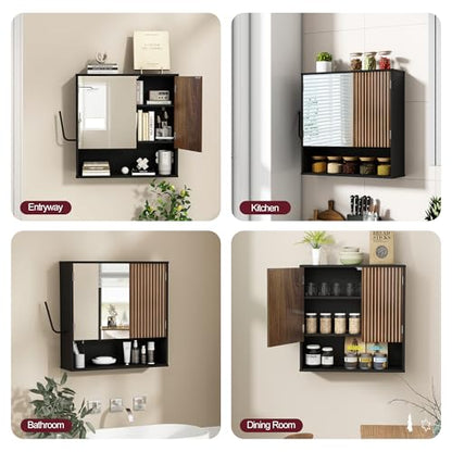 Bathroom Cabinet with Mirror & LED, Wall Mounted Bathroom Cabinet,Side Hook | Magnetic mirror Door,Detachable magnetic Light ,Adjustable Shelves,Side Hook,Open Bottom Shelf,Wood Grain,Over Toilet Mount - color: Black&walnut