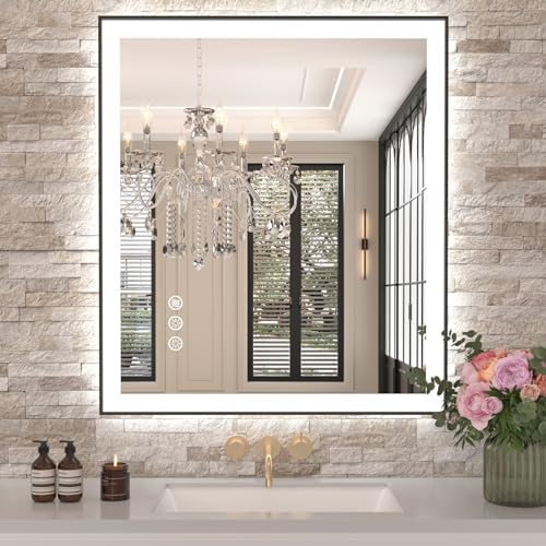 Amorho 28"x32" LED Bathroom Mirror, Frontlit&Backlit, Controlled Separately | Black Metal Frame, Stepless Dimmable, Anti-Fog, HD Reflection, Shatter-Proof, 3 Colors Lighting, Memory, UL Listed - color: Front and Backlit With Frame(separate Dimming), size: