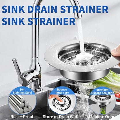 Sink Drain Strainer - Sink Stopper, 3-in-1 Kitchen Stainless Steel Drain Plug with Anti-Clog Basket, Pop-Up Cover