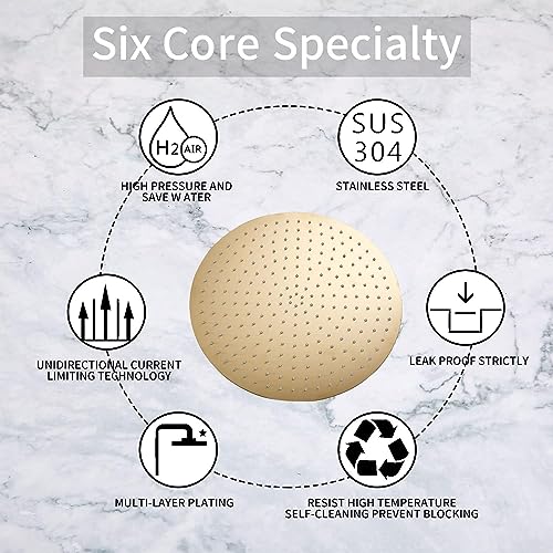 Round 6 Inch Stainless Steel Shower Head High Pressure Rainall Shower Head Brushed Gold Ultra Thin Design-Best Pressure Boosting with Silicone Nozzle Easy to Install - color: Brushed Gold, size: Round
