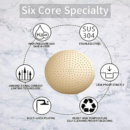 Round 6 Inch Stainless Steel Shower Head High Pressure Rainall Shower Head Brushed Gold Ultra Thin Design-Best Pressure Boosting with Silicone Nozzle Easy to Install - color: Brushed Gold, size: Round