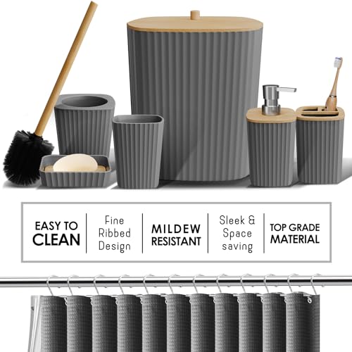 Clara Clark Bathroom Accessories Set - 27PC Bathroom Set with Adhesive Corner Shower Caddy Hanging, Bathroom Sets with Shower Curtain and Rugs, Grey Shower Curtain Set with Bathroom Trash Can | 27 Piece Grey Bathroom Sets with Shower Curtain and Rugs with