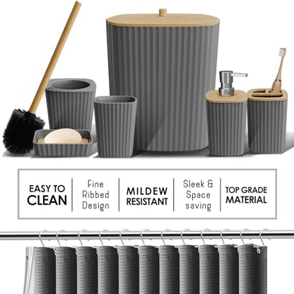 Clara Clark Bathroom Set, Shower Curtain Set and Shower Caddy Hanging | 25 Piece Grey Bathroom Accessories Set with Toothbrush Holder, Soap Dispenser, Soap Dish, Toilet Brush, and Trash Can - color: Grey, size: Complete Set + Shower Caddy