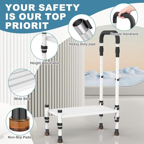 Medical Step Stool, Wide Platform, Adjustable Handrail & Legs | Adjustable handrail(32.5”-40.4”) & sturdy steel frame. 800 lb capacity. Use on bed, car SUV & bathroom. Safe for seniors. - color: Classic White