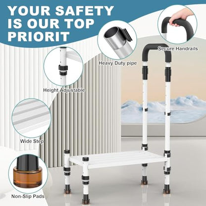 Medical Step Stool, Wide Platform, Adjustable Handrail & Legs | Adjustable handrail(32.5”-40.4”) & sturdy steel frame. 800 lb capacity. Use on bed, car SUV & bathroom. Safe for seniors. - color: Classic White