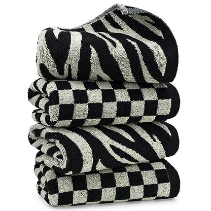 Jacquotha Bathroom Hand Towels 2 Style 4 Pack - Black Hand Towel | Checkered and Zebra, Cotton