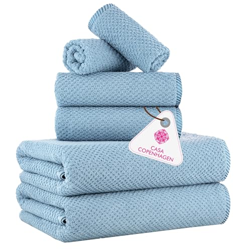 CASA COPENHAGEN Popcorn 6Pcs 100% Egyptian Cotton Large Designer Towels Gift Set- Dusky Blue, 600GSM, 2Bath 2Hand 2Washcloths, Bath Towels for Bathroom Set for Women & Men - color: Popcorn - Dusky Blue, size: 6Pcs Towel Set