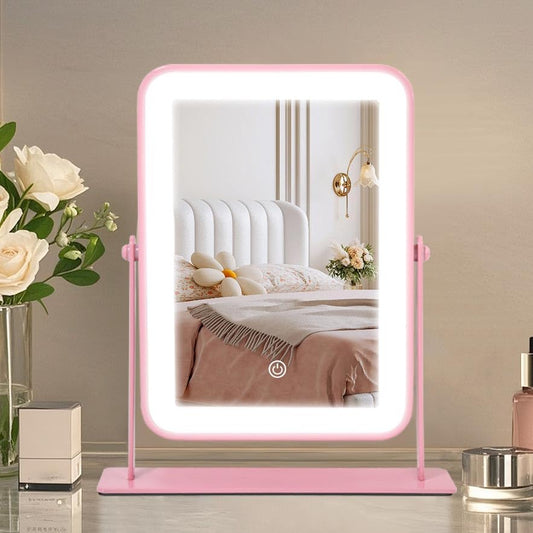 YEKKOPT Portable Desk Vanity Mirror with Lights,11"×9" Small Pink Rechargeable Makeup Mirror with Lights,Smart Touch Screen with 3-Color Lighting,Dimmable,for Dorm Tabletop,Bedroom,Decor - color: Pink, size: 11"L x 9"W