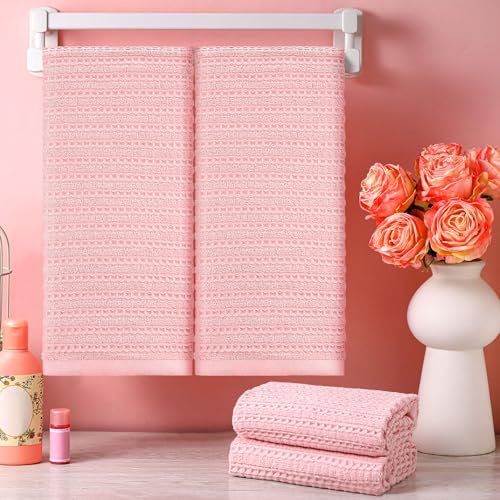 4 Pack Pink Hand Towels Waffle 100% Cotton 13x29 Inch | Soft Absorbent Bathroom Kitchen Use, Waffle Texture Quick Dry, Durable Cotton Washcloths Ideal for Guests Daily Needs - color: Pink