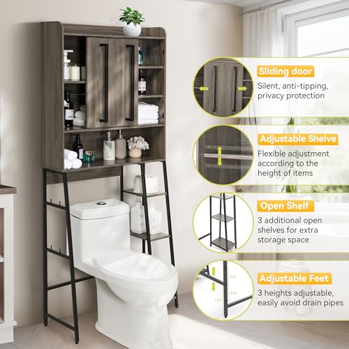 Decofy Over The Toilet Storage Cabinet, Over Toilet Bathroom Organizer with Sliding Door & Adjustable Shelf, Space-Saving Storage Cabinet for Bathroom, Laundry, Grey