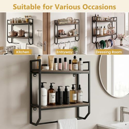Giantex Bathroom Shelf with Towel Bar, Industrial Wood Wall Mounted Shelves | 2-Tier Over the Toilet Storage Organizer, Metal Floating Shelf with Towel Holder for Bathroom, Kitchen, Living Room, Gray Oak - color: Gray Oak