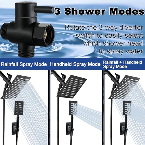 Black Shower Head and Handle Set All Metal, 8'' High Pressure Rain 2 in 1 Showerhead with Handheld Spray Combo with 78" Hose Stainless Steel, Adhesive Showerhead Holder, WOSAISIUS