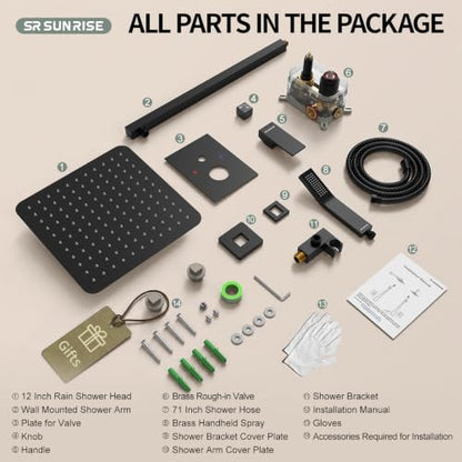 SR SUN RISE 12 Inches Matte Black Shower System 12 Inch Brass Bathroom Luxury Rain Mixer Shower Combo Set Wall Mounted Rainfall Shower Head System Shower Faucet Rough-in Valve Body and Trim Included - color: Matte Black, size: 12 Inch