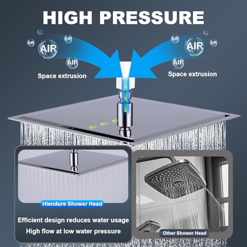 Shower Head, 16 Inch High Pressure Flow Rainfall Shower, Square Ultra Thin Waterfall Bath Showerhead with Silicone Nozzle and Adjustable Metal Swivel Ball Joint, Stainless Steel, Polished Finish