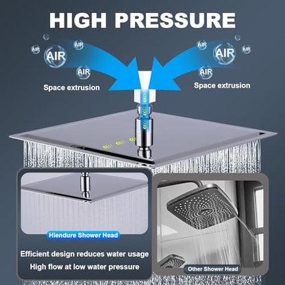 Shower Head, 16 Inch High Pressure Flow Rainfall Shower, Square Ultra Thin Waterfall Bath Showerhead with Silicone Nozzle and Adjustable Metal Swivel Ball Joint, Stainless Steel, Polished Finish