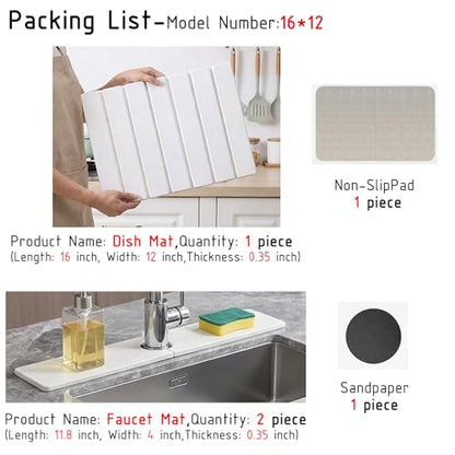Stone Dish Drying Mat for Kitchen Counter, Quick Dry Stone Mats | 16'' x 12'', Includes 1 Dish Mat & 1 Faucet Mat - size: 16" x 12"