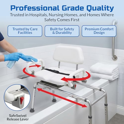 Carousel Sliding Shower Chair Tub Transfer Bench with Swivel Seat Elderly | Slide Safely In & Out of the Tub - White, padded seat, padded armrests, swivel seat, backrest, heavy-duty, extra-wide seat - color: White