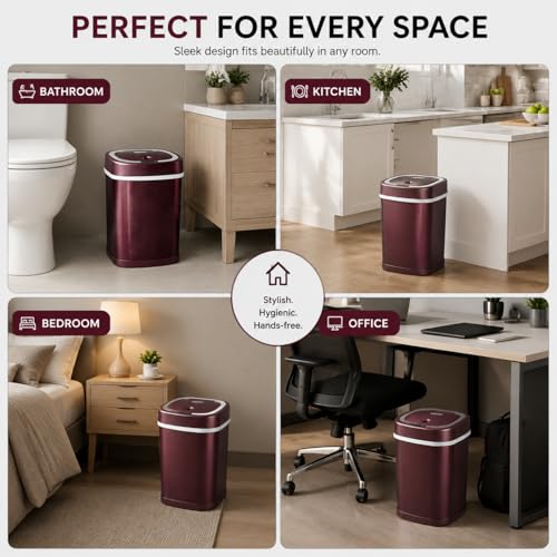 Smart Trash Can, Motion Sensor Trash Can with Lid, 15L Touchless Automatic Garbage Can for Bathroom, Bedroom & Office, Stainless Steel, Quiet Soft-Close, Long Battery Life, Wine - color: Wine