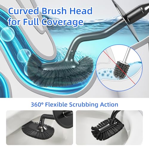 Toilet Brush and Holder Set with Pumice Stone Toilet Bowl Cleaner | Long-handle Scrubber with Ventilated Holder and Pumice Stone for Hard Water Stains, Limescale and Toilet Rings - color: Black