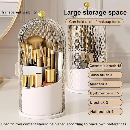 Makeup Brush Holder with Lid,360 Rotating Makeup Organizer | Makeup Brush Organizer with Diamond Pattern,Waterproof,Dustproof,Easy-Clean for Desk,Bathroom Countertop,Vanity,Travel,White