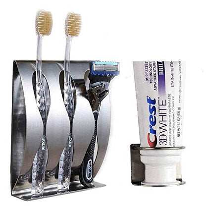 Stainless Steel Wall Mount Bathroom Toothbrush Holder, Bathroom Cabinet Organizer Accessories, 1 Toothbrush with 3M Self-Adhesive + 1 Toothpaste Holder Dispenser, Razor Holder