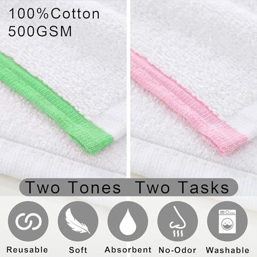 VOOVA & MOVAS White Wash Clothes 24 Pack, 100% Cotton, Thick, Green Pink Trim - size: 24PC Bar Towels (12"x12")