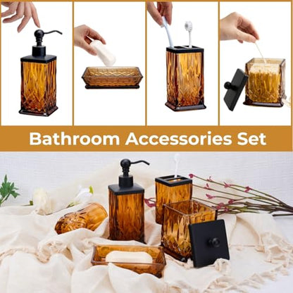 Amber Bathroom Accessories, Square Thick Glass & Zinc Alloy Pump | Beautiful & weight, 5 pcs soap dispenser, toothbrush holder, soap dish, tumbler & jar, for mission/amish style - style: Square(Amber)