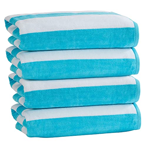 Market & Place 100% Cotton Velour Cabana Stripe Beach Towel Set 30" x 60" - Ultra Soft, Plush, & Highly Absorbent Towels for Pool, Beach, & Swimming. Marina Collection (4-Pack, Aqua Blue) - color: Aqua Blue