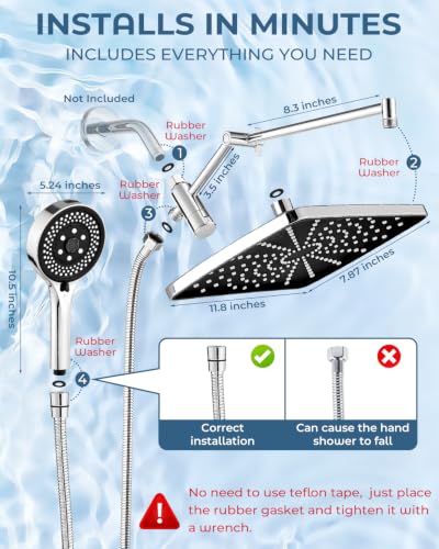 Shower Head with Handheld,High Pressure Chrome Rain Shower Head | Regaderas Para Shower,11.8" Rectangular,Rainfall Shower Head,Dual Shower Head,Bathroom Decor,Extension Arm,7 Spray Mode - color: B-Chrome, style: Rectangular 12"