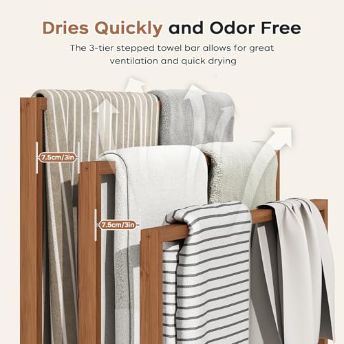 Standing Towel Rack for Bathroom, 39.4''H Bamboo Blanket Racks with Shelf | 31.5"W × 9.4"D × 39.4"H • Walnut • Waterproof • Blanket rack • Blanket holder • Ventilated • Bottom shelf • Anti-tip - color: Walnut