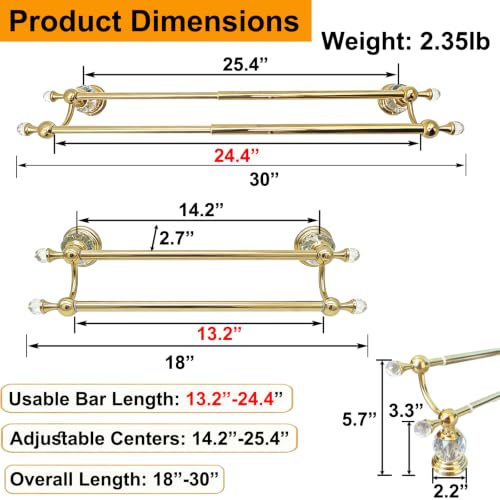 Gold Crystal Double Towel Bar, Adjustable Towel Racks for Bathroom | Polished Gold Towel Bar for Bathroom Wall Mounted Fits 18-30 Inch Wall Space, Stainless Steel Towel Rod Holder - color: Gold Towel Bar