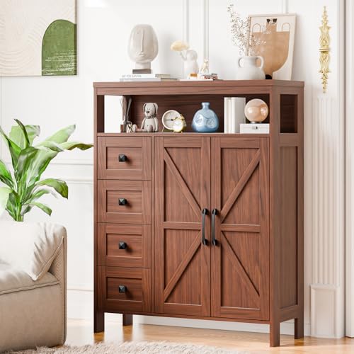 Vabches Farmhouse Storage Cabinet with 2 Doors and 4 Drawers, Walnut | Freestanding Bathroom Compartment Kitchen Pantry Cabinet, Floor Cupboard for Kitchen/Living Room/Bathroom - color: Walnut, style: 4 Drawers Ⅱ