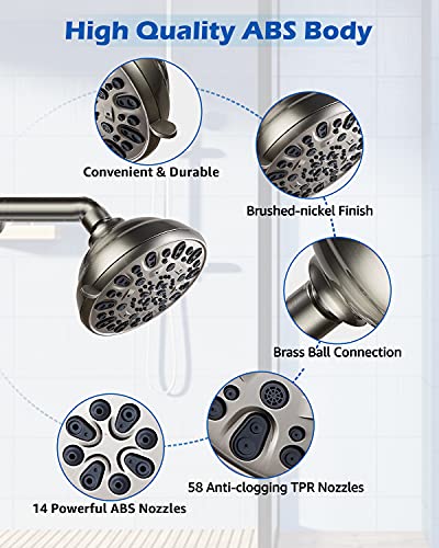 High Pressure Shower Head VMASSTONE 4.7" Rain Fixed Showerhead 7-Spray Setting with Adjustable Brass Swivel Ball Joint - Excellent Replacement for Your Bath Shower Head (FM-001 Brushed Nickel) - color: Brushed Nickel