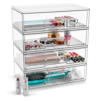 Sorbus Acrylic Storage Containers - 4 Pack, Stackable Storage Bins Set for Bathroom Organization - Clear Acrylic Drawer Organizers - Makeup Case Pull-Out Drawers (12.1’’ Wide) - size: 4 Pack, 12.1’’ Wide