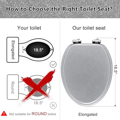 Angol Shiold Glitter Toilet Seat Molded Wood Elongated Toilet Seat with Quietly Close and Quick Release Hinges, Easy to Clean also Easy to Install (Elongated 18.5'', Silver) - color: Silver, size: Elongated 18.5‘’