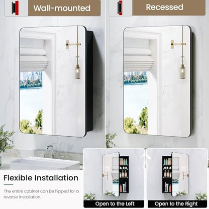 20x30 Black Medicine Cabinet with Mirror, Recessed & Surface Mount | Bathroom mirror with storage: 6 adjustable shelves fit tall bottles; DTC soft-close hinges; rust-resistant aluminum - size: 20" x 30"
