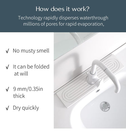 Diatomite Sink Splash Guard – Super Absorbent Kitchen & Bath Mat, Quick-Dry Non-Slip Drying Tray, Fits Most Faucets, Pet Bowl Mat, Vase Holder (White, 15.8'' x 4'') - color: White-D